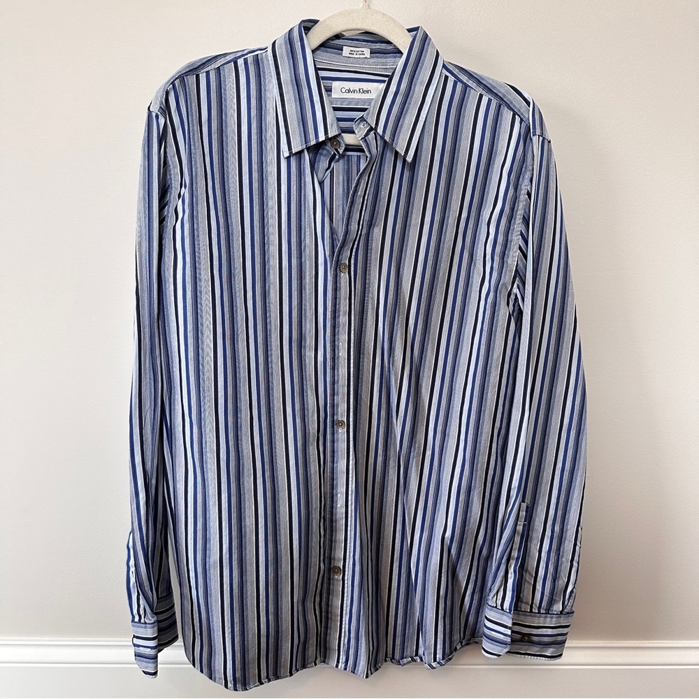 Calvin Klein blue striped button down dress shirt
